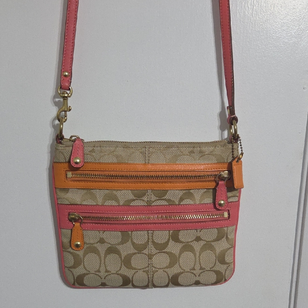 Coach Signature Canvas Crossbody in Tan with Pink & Orange Trim